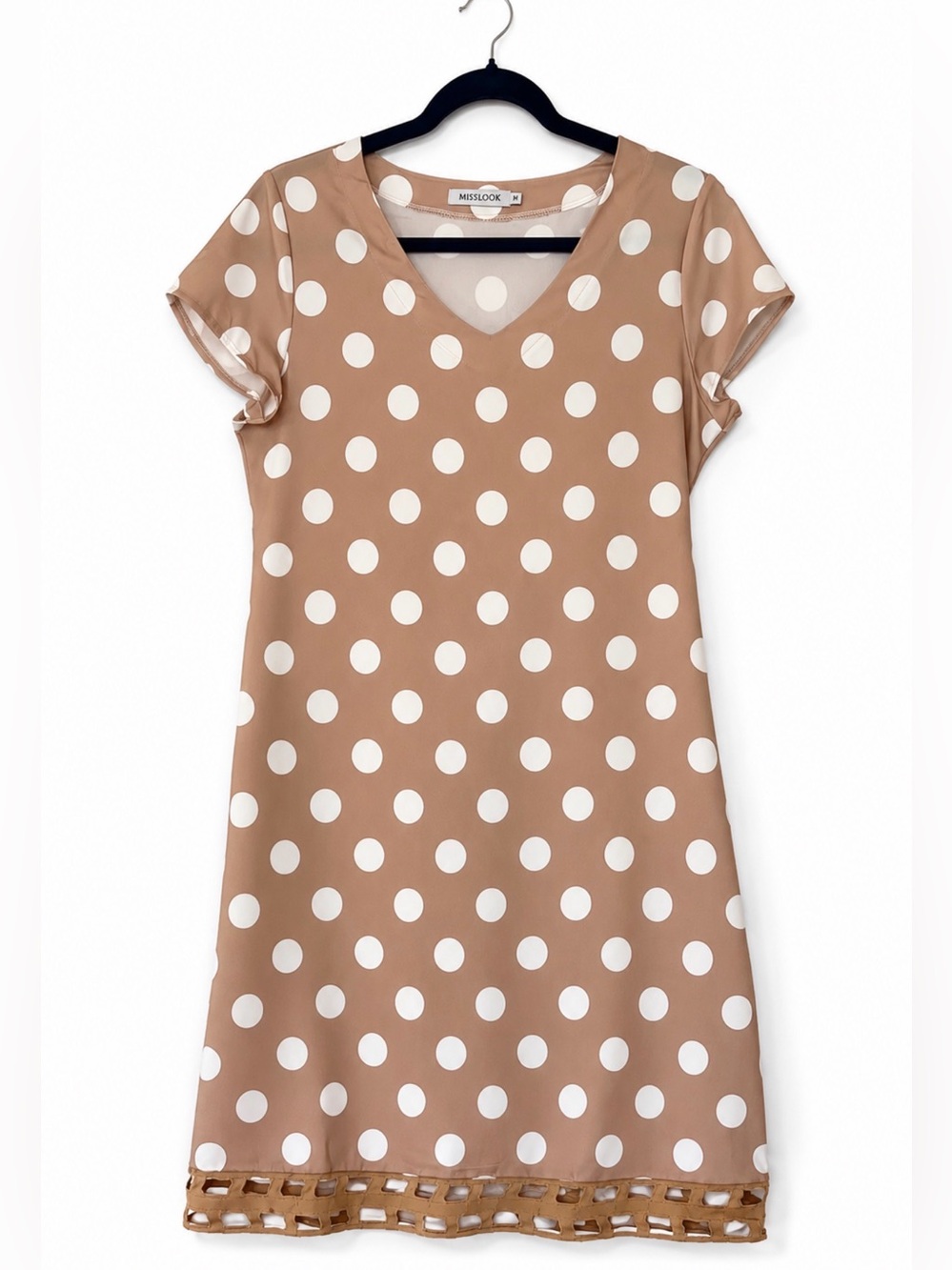 MISSLOOK Taupe Polka Dot Dress White Tan Dots V neck lattice hem size medium